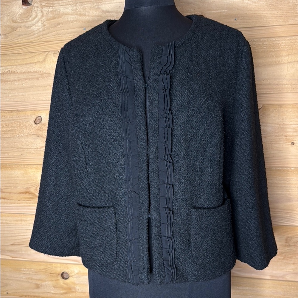 East 5th Black Blazer Elegant Tweed Ruffled Front Suit Jacket XL